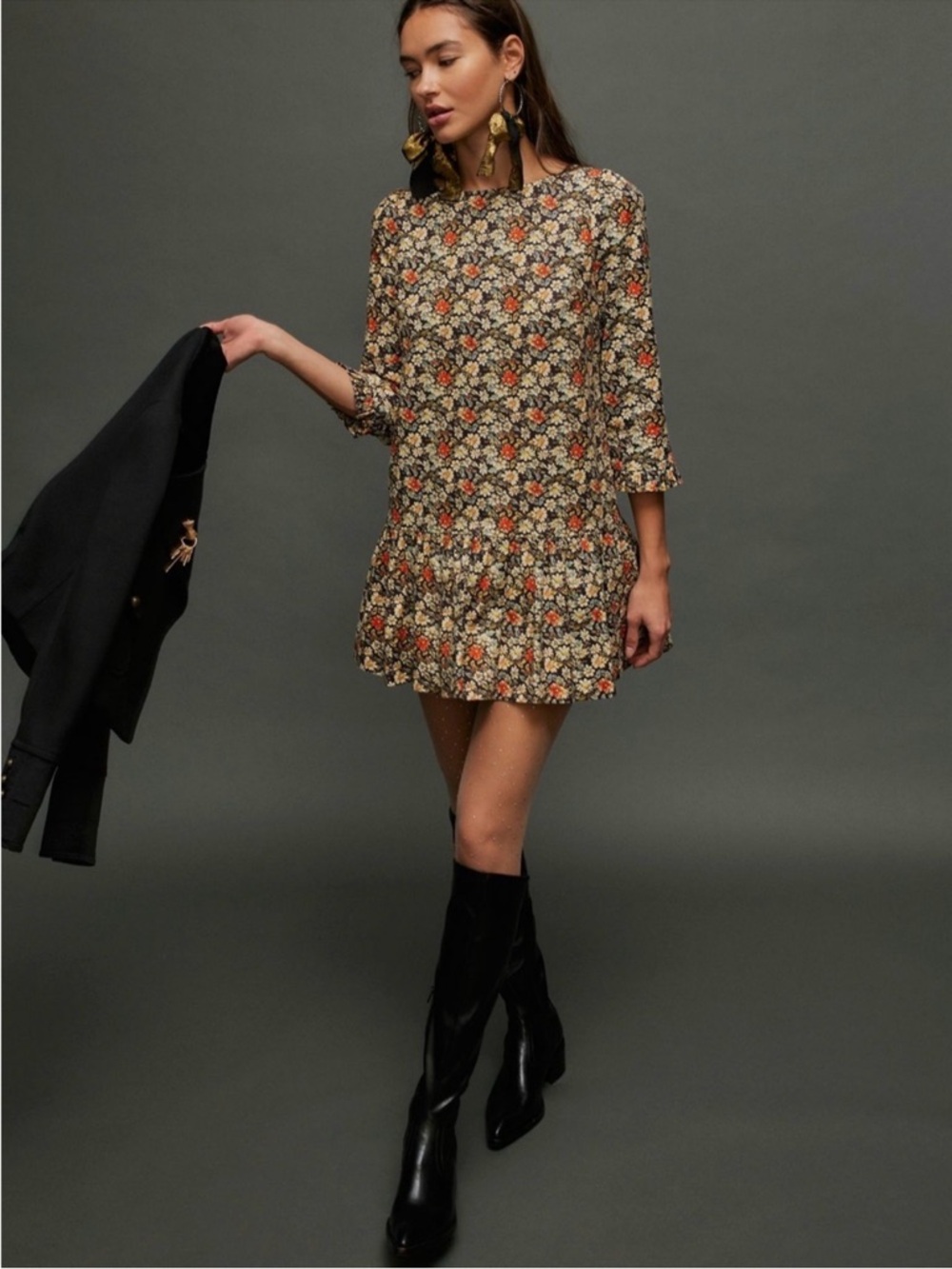 Free people Drop-Waist Dress in Brown with Orange & Cream Flowers (D0243)